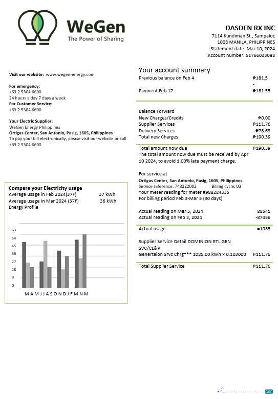 Philippines WeGen Energy Philippines business utility bill template in Word and PDF formats